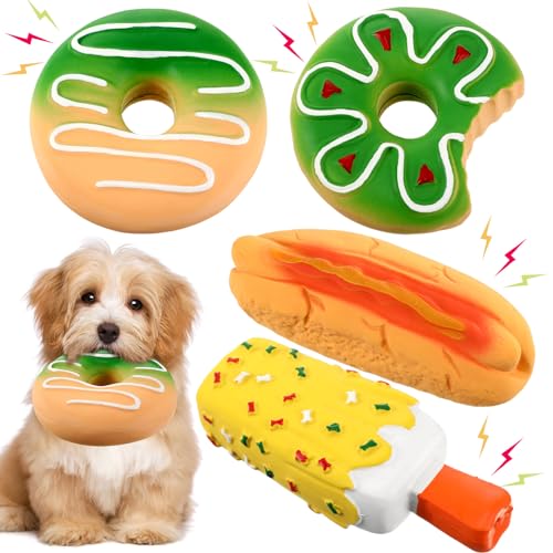 Syhood 4 Stück Latex-Kaufutter, Hundespielzeug, Quietscher, Donut-Hundespielzeug, Eiscreme, Hot Dog, langlebiges Kauspielzeug, aggressives Kauspielzeug für kleine Welpen, mittelgroße und große Hunde, von Syhood