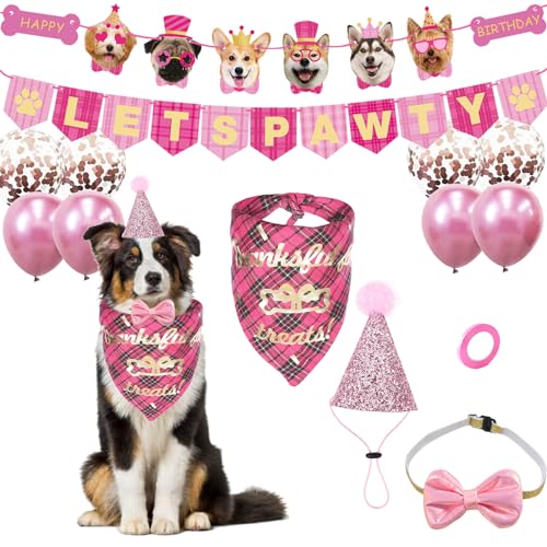 Hund Geburtstag Bandana Hut Banner Set, Hund Geburtstag Hut Scarfs Flag Balloon Fliege Halsband für Partyzubehör Hundegeburtstagsgeschenk (Rosa) von Symphonyw