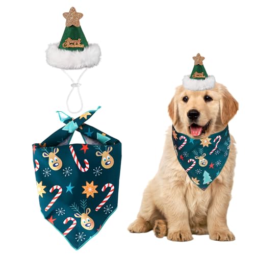 Weihnachten Hund Bandana Hut Set, Klassische Xmas Hundekostüme Dreieckstuch Hund Weihnachten Outfit Zubehör für Welpe Kätzchen Weihnachten Party Kostüm-Zubehör (grün, M) von Symphonyw