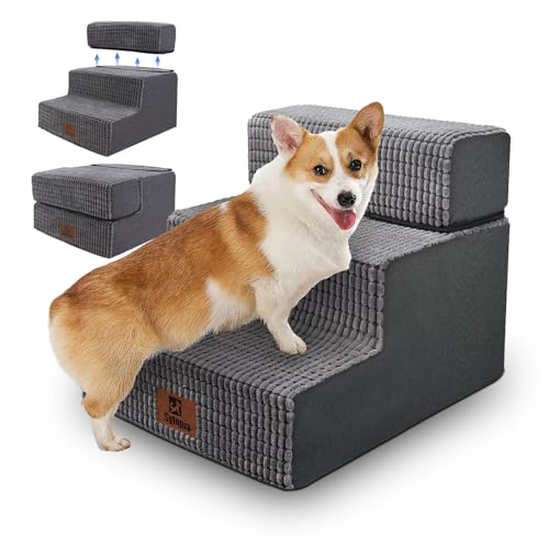 Sytopia Haustiertreppe 3 Stufen, Hochelastischer Schwamm, Waschbar Bezug, Hundetreppe für Kleine Hunde und Katzen, Katzentreppe Hunderampe für Bett, Sofa, Couch, Grau von Sytopia