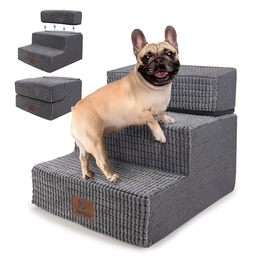 Sytopia Haustiertreppe 3 Stufen, Hochelastischer Schwamm, Waschbar Bezug, Hundetreppe für Kleine Hunde und Katzen, Katzentreppe Hunderampe für Bett, Sofa, Couch, Grau von Sytopia