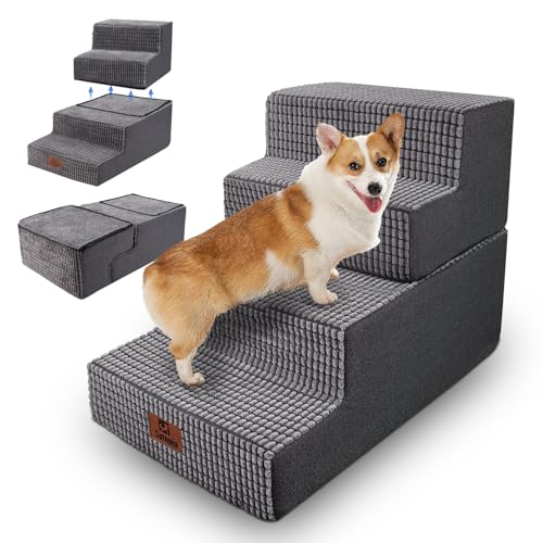 Sytopia Haustiertreppe 4 Stufen, Hochelastischer Schwamm, Waschbar Bezug, Hundetreppe für Kleine Hunde und Katzen, Katzentreppe Hunderampe für Bett, Sofa, Couch, Grau von Sytopia