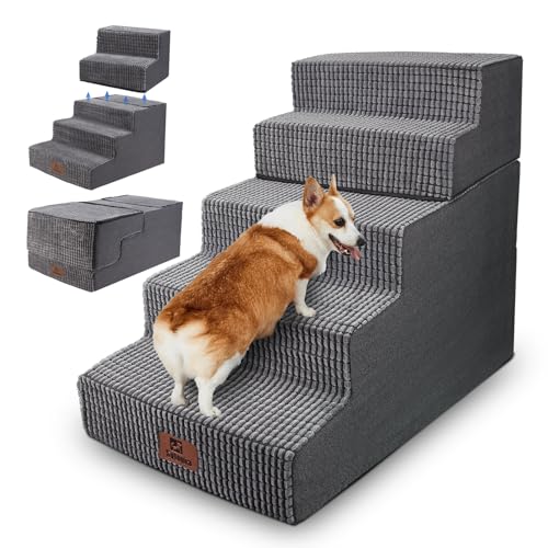 Sytopia Haustiertreppe 5 Stufen, Hochelastischer Schwamm, Waschbar Bezug, Hundetreppe für Kleine Hunde und Katzen, Katzentreppe Hunderampe für Bett, Sofa, Couch, Grau von Sytopia