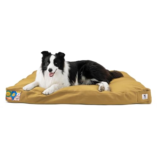 Sytopia Kaufestes Hundebett, unzerstörbares Canvas-Haustierbett, wasserdicht, waschbar, abnehmbarer Bezug, mittelgroße und große Hunde für drinnen und draußen, Haustierunterlage, Gelb von Sytopia