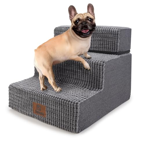 Sytopia Hundetreppe für Kleine Hunde 3 Stufen, 34cm Höhe Hochelastischer Schwamm, Haustiertreppe mit Waschbar Bezug für Sofa Bett, rutschfeste Hundeleiter, Keine Installation erforderlich, Grau von Sytopia