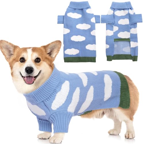 Hundepullover, Hundepullover für mittelgroße Hunde, Mädchen, Jungen, Pullover, Welpenpullover, Hundekleidung, mittelgroße Hunde-Strickwaren, Winterkleidung mit blauem Himmel-weißen Wolkenmuster für von T'CHAQUE