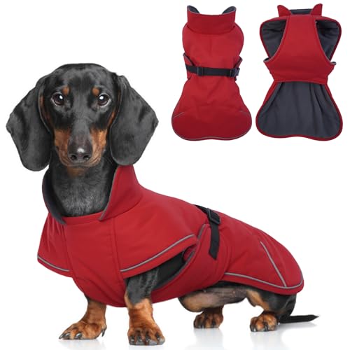 T'CHAQUE Dackelmantel, wasserdichter Hunde-Wintermantel für Dackel, Kleidung für reflektierende Hundejacke, Wursthund, Fleece, kaltes Wetter, Mini-Dackel, Kleidung, Hunde-Schneeanzug mit warmem von T'CHAQUE