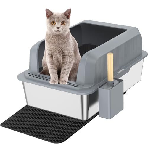 TAIKURA Katzentoilette aus Edelstahl mit Deckel, geschlossen, extra große Katzentoilette für große Katzen, XL-Metall-Katzentoilette mit hohen Wandseiten, nimmt nie Gerüche auf, Anti-Urinleckage, von TAIKURA