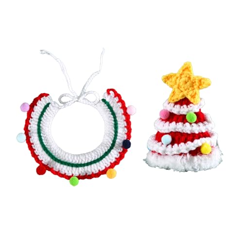 TAKOXIA Strickset mit Weihnachtsmütze und Lätzchen, Weihnachtsmann-Kostüm, Kopfbedeckung für Hunde, Festival, Party, Requisiten, Weihnachtsmann-Haustierzubehör von TAKOXIA