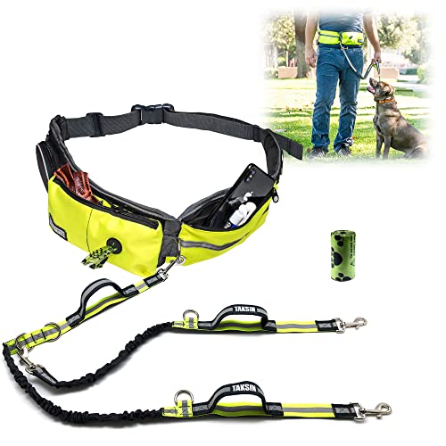 TAKSIN - The Ultimate Two Dogs Hands Free Walking Leash + Training Running Leash + Treat Holder + Poop Bag Dispenser + Phone Pocket + Bottle Holder (Small/Large Dogs) Neon Yellow von TAKSIN