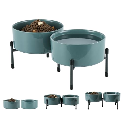 TAMAYKIM 907.2 g Keramik Hund Katze Schüssel mit erhöhtem Metallständer, 15,2 cm Porzellan Runde Futter- und Wassernapf Set, rutschfeste Haustier Futternapf für Katzen & Hunde, Blau Grau, 2 Stück von TAMAYKIM