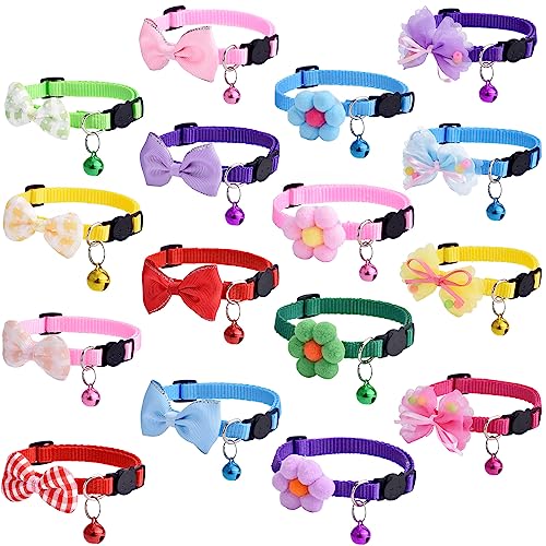 16 PCS Cute Cat Collar with Bells Kitten Collars for Girls Pink Cat Collar Breakaway Cat Collars for Girl Cats Small Kitten Collar with Bell Boy Pet Collar for Cats Kitten Supplies Flower Cat Collar von TAMHOO