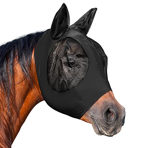 Fliegenmaske für Pferde mit Ohren, glatte und elastische Lycra-Fliegenmaske, vermeidet Fliegen und UV-Schutz, volle Größe für Kolben, Pferd (schwarz, voll) von TANDD