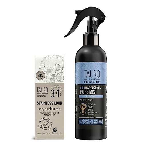 TAURO PROLINE Clear-Augenlösungs-Set 6in1 Multifunctional Pure Mist Spray Stainless Look Tonmaske Tränenfleckenentferner und Augenreiniger Augenpflege Ohrenpflege für die Augen aller Hunde und Katzen von TAURO PROLINE