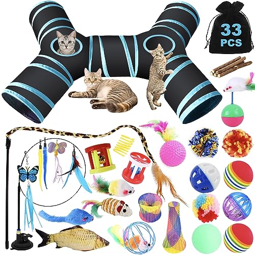 TAVADA 33 pcs Katzenspielzeug Set mit Katzentunnel,Katzenspielzeug mit Katzentunnel,Kätzchen Maus Spielzeug Set,Katzen Spielzeug,Plüschspielzeug,Federspielzeug für Kitty Katzen von TAVADA