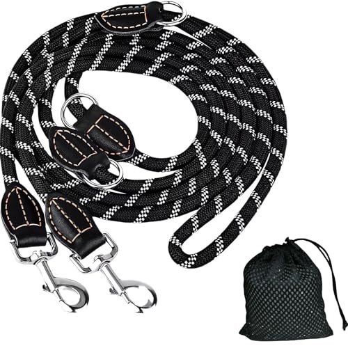 TAVADA Hundeleine Große Hunde, Hundeleine 3m Verstellbar, Nylon Doppelleine mit 2 Karabiner, Hundeleine für große und mittelgroße Hunde, Schwarz von TAVADA