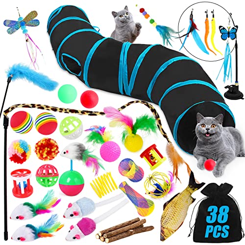 TAVADA Katzenspielzeug Set mit katzentunnel,38 Stück Katzen zubehör,Federspielzeug für Katzen,Plüschspielzeug,Spielzeugmäuse Katzen Spielzeug Variety Pack für Kitty Katzen von TAVADA