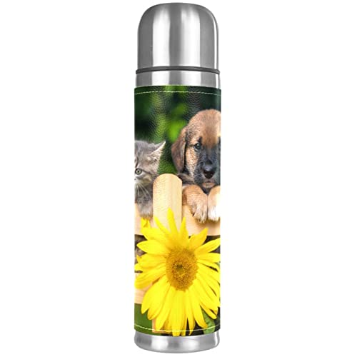 Isolierte Wasserflasche Edelstahl-Wasserflaschen Metall-Wasserflasche,Hund und Katze Tier Sonnenblume von TBOUOBT