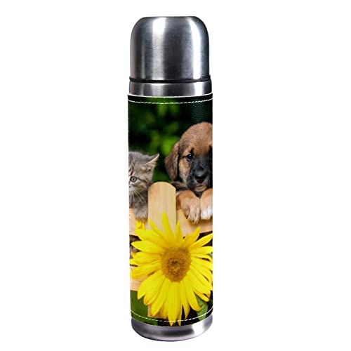 Isolierte Wasserflasche Edelstahl-Wasserflaschen Metall-Wasserflasche,Hund und Katze Tier Sonnenblume von TBOUOBT