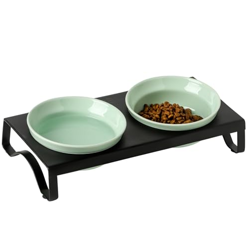 Katzennäpfe aus Keramik, Grün, 12,7 cm breit, Futter- und Wassernäpfe, erhöhte Futternäpfe mit Metallständer für Indoor-Katzen und kleine Hunde, 2 Näpfe + 1 Ständer für Nass- und Trockenfutter von TEAKISS