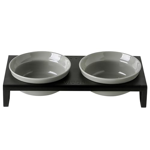 Keramik-Hundenapf-Set, 15,2 cm breit, Futter- und Wassernäpfe, erhöhte Futternäpfe mit Metallständer für Indoor-Katzen und mittelgroße Hunde, 2 Näpfe + 1 Ständer für Nass- und Trockenfutter, Grau von TEAKISS