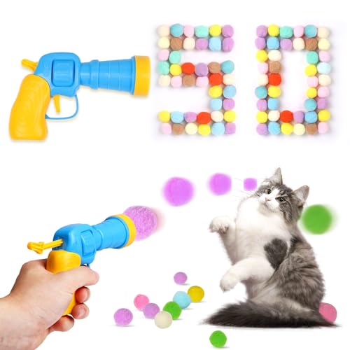 TEAWOO Katzenspielzeug Bälle mit Launchers Set (1+50), 50 Katzen Pom Pom Bälle & 1 Katzenspielzeug Ball Launcher (Durable Reinforced Edition), Katzenanreicherung Spielzeug, Interaktive von TEAWOO