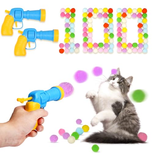 TEAWOO Katzenspielzeug Bälle mit Launchers Set (2+100), 100 Katzen Pom Pom Bälle & 2 Katzenspielzeug Ball Launcher (Durable Reinforced Edition), Katzenanreicherung Spielzeug, Interaktive von TEAWOO