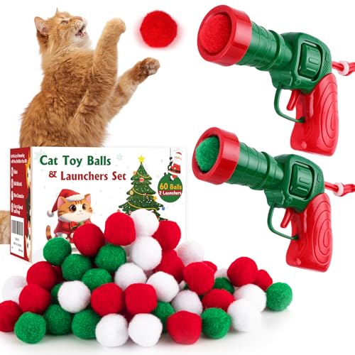 TEAWOO Katzenspielzeug Bälle mit Launchers Set (2+60), 60 Katzen Pom Pom Bälle & 2 Katzenspielzeug Ball Launcher, Katzenanreicherung Spielzeug, Interaktive Katzenspielzeugbälle, Weiche & Sichere von TEAWOO