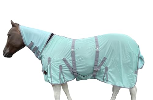 TECH EQUESTRIAN Hochwertiges, strapazierfähiges Pferdefliegenlaken mit Hals- und abnehmbarem Bauchband, Pferdefliegendecke mit Bauchband, Sommerlaken für Pferde (72, Pastellgrün-grauer Rand) von TECH EQUESTRIAN