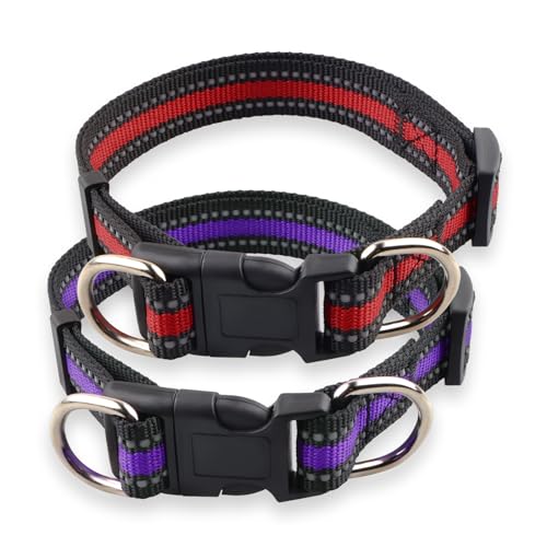 Hochreflektierendes Hundehalsband, verstellbare Größe, Nylon, klassische Farbabstimmung für Jungen, Mädchen, kleine Hunde, mittelgroße Hunde, große Hunde, 2 Stück (Rot und Violett, M) von TECOPH