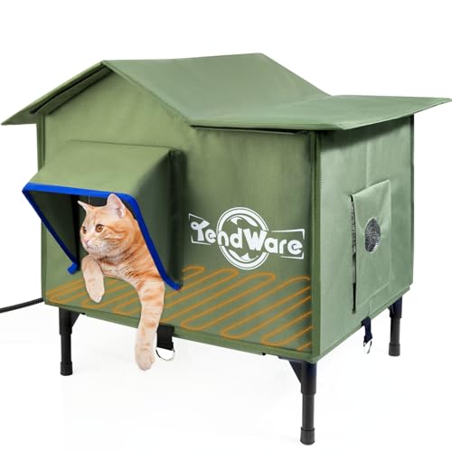 TENDWARE Beheiztes Katzenhaus für draußen im Freien Katzenhaus mit Beheizter Katzenunterlage für Outdoor Katze Wildschutz Winter Wetterfest in Garage Hof Indoor Veranda Größe M von TENDWARE