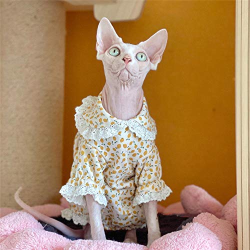 TENGTUD Haarnesskatze Kleidung, Sphynx/Devon Baby Baumwoll gelb floral Katze Shirt-S. von TENGTUD