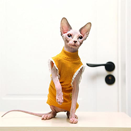 TENGTUD Haarnesskatze Kleidung, Sphynx/Devon Katze Stricken gelbe Weste-S. von TENGTUD