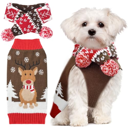 TENGZHI Hässliches Weihnachtspullover-Set für kleine und mittelgroße Hunde, gestrickt, Rentier-Haustierkleidung, Pullover mit Schal, Weihnachts-Hundezubehör, Bekleidung, Größe M von TENGZHI