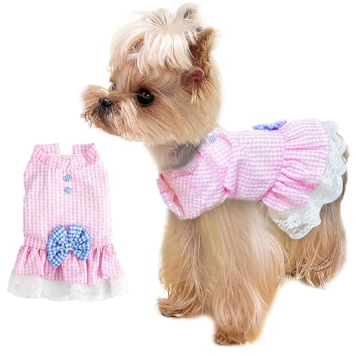 TENGZHI Plaid Hundekleid mit Schleife, Sommerkleid, ärmellos, weich, atmungsaktiv, Spitze, Prinzessin, Welpenkleid, niedliche Katze, Haustierkleidung für kleine, mittelgroße Hunde, Mädchen (Rosa, M) von TENGZHI