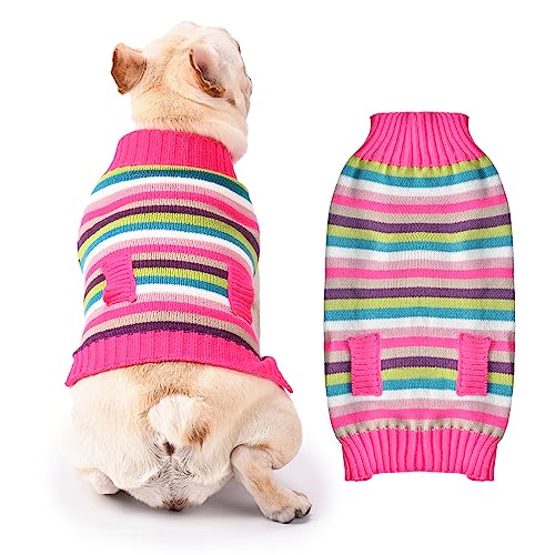 TENGZHI Strickwaren, warme Welpenweste, Mantel, Kostüm, Urlaubspullover, gestreift, Haustierkleidung für kleine, mittelgroße Hunde, Katzen, Weihnachtspullover (rosa Tasche, L) von TENGZHI