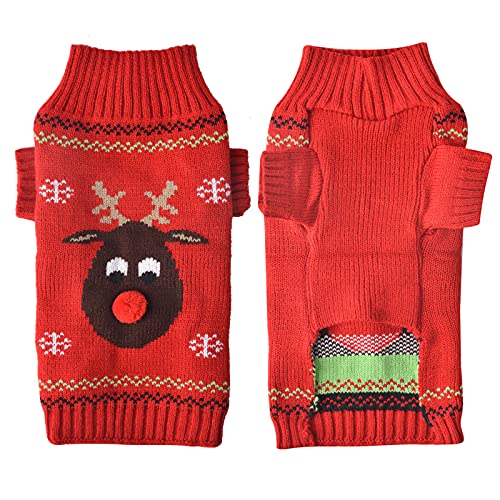 TENGZHI Weihnachts-Hunde-Kostüme, gestrickter Haustier-Hund, Weihnachtspullover, Rentier, Urlaub, Haustierkleidung, Pullover für kleine, mittelgroße und große Hunde, roter Nase, hässlicher Pullover) von TENGZHI