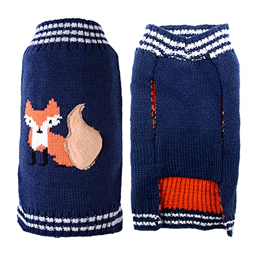 TENGZHI Weihnachtspullover für Hunde, bestickt, Rentier, Elfe, Clown mit Rollkragen, für kleine, mittelgroße und große Hunde, Strickware, Winterwelpen, Katzen, Kostüm (M, Marineblauer Fuchs) von TENGZHI