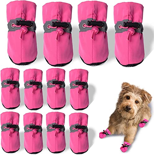 TEOZZO Hundeschuhe, Hundeschuhe und Pfotenschutz, rutschfeste Sohle, Winter-Hundeschuhe mit reflektierenden Riemen, Schneestiefel für kleine und mittelgroße Hunde, 12 Stück, Rosa, 7–3 Paar von TEOZZO