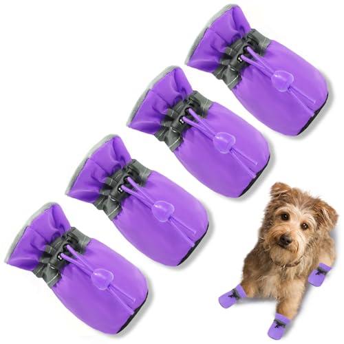 TEOZZO Hundeschuhe, Hundeschuhe und Pfotenschutz, rutschfeste Sohle, Winter-Hundeschuhe mit reflektierenden Riemen, Schneestiefel für kleine und mittelgroße Hunde, 4 Stück, Lila, 7 von TEOZZO