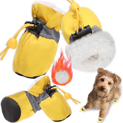 TEOZZO Hundeschuhe für den Winter, Hundestiefel und Pfotenschutz, warme Haustierschuhe für Welpen mit reflektierendem Streifen, Schneestiefel für kleine, mittelgroße Hunde, 4 Stück, Gelb, Größe 38 von TEOZZO