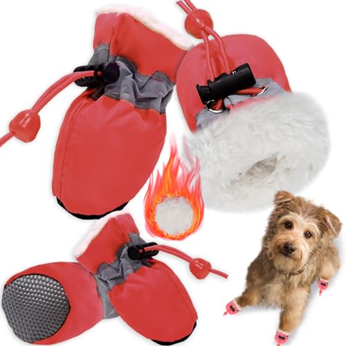 TEOZZO Hundeschuhe für den Winter, Hundestiefel und Pfotenschutz, warme Haustierschuhe für Welpen mit reflektierendem Streifen, Schneestiefel für kleine, mittelgroße Hunde, 4 Stück, Rot, Größe 39 von TEOZZO