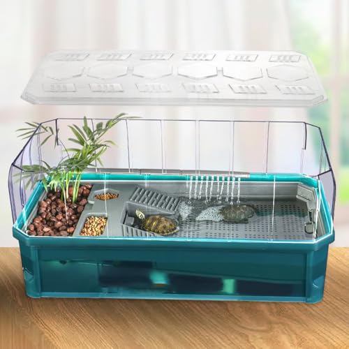 Turtle Tank Habitat Kit – Einzeltank Grün Medium mit Anti-Ausbruch-Abdeckung, abnehmbarem, transparentem Zaun und Sonnenplattform von TEQIN