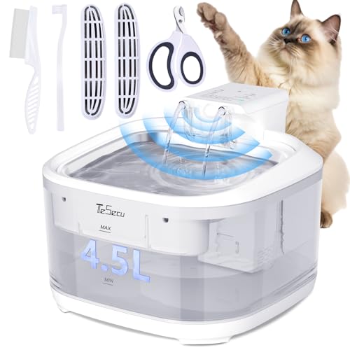 Katzenbrunnen Kabellos 4,5L Trinkbrunnen für Katze mit Bewegungsmelder 5000mAh Trinkbrunnen Bewegungssensor mit 3 Modi für Katze Kleine Hunde, Wasserwanne aus Edelstahl, Leise Wasserpumpel, 2 Filter von TESECU