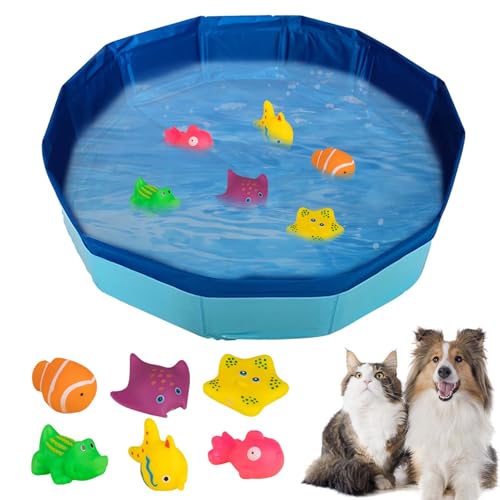 Katzenpool mit Spielzeug, Pool Spielzeug mit Fisch Spielzeug, Tragbares Katzenpool Hundepool, Interaktives Katzenspielzeug, Kleine Planschbecke, Sommer Wasserspielzeug für Katze Hunde (30 x 10 CM) von TETSMG