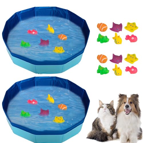 Katzenpool mit Spielzeug, Pool Spielzeug mit Fisch Spielzeug, Tragbares Katzenpool Hundepool, Interaktives Katzenspielzeug, Kleine Planschbecke, Sommer Wasserspielzeug für Katze Hunde (30 x 10 CM * 2) von TETSMG