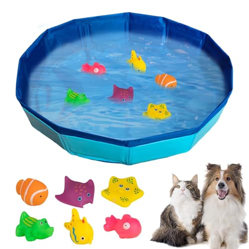 Katzenpool mit Spielzeug, Pool Spielzeug mit Fisch Spielzeug, Tragbares Katzenpool Hundepool, Interaktives Katzenspielzeug, Kleine Planschbecke, Sommer Wasserspielzeug für Katze Hunde (50 x 10 CM) von TETSMG