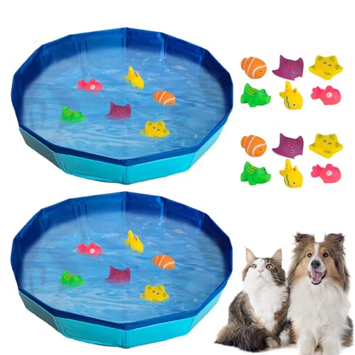 Katzenpool mit Spielzeug, Pool Spielzeug mit Fisch Spielzeug, Tragbares Katzenpool Hundepool, Interaktives Katzenspielzeug, Kleine Planschbecke, Sommer Wasserspielzeug für Katze Hunde (50 x 10 CM * 2) von TETSMG