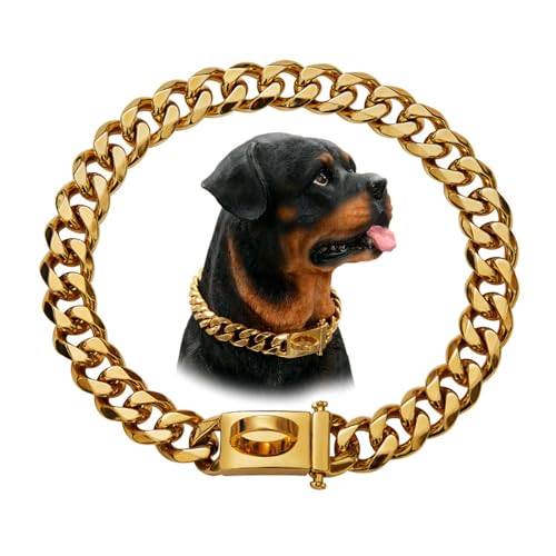 Goldketten Hundehalsband, Kubanisches Gliederglied FüR Hunde Mit Sicherheitsdesign Schnalle,15mm Metall Edelstahl Gehhalsband, Edelstahl Hundehalsband FüR MittelgroßE Hunde(Size:12in,Color:Gold) von TEXHAS