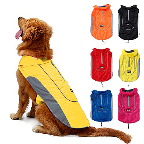 TFENG Reflektierend Hundejacke Brust 66-80cm, Rückenlänge 48cm Wasserdicht Hundemantel Warm gepolstert Puffer Weste Welpen Regenmantel mit Fleece (Größe 2XL, Gelb) von TFENG